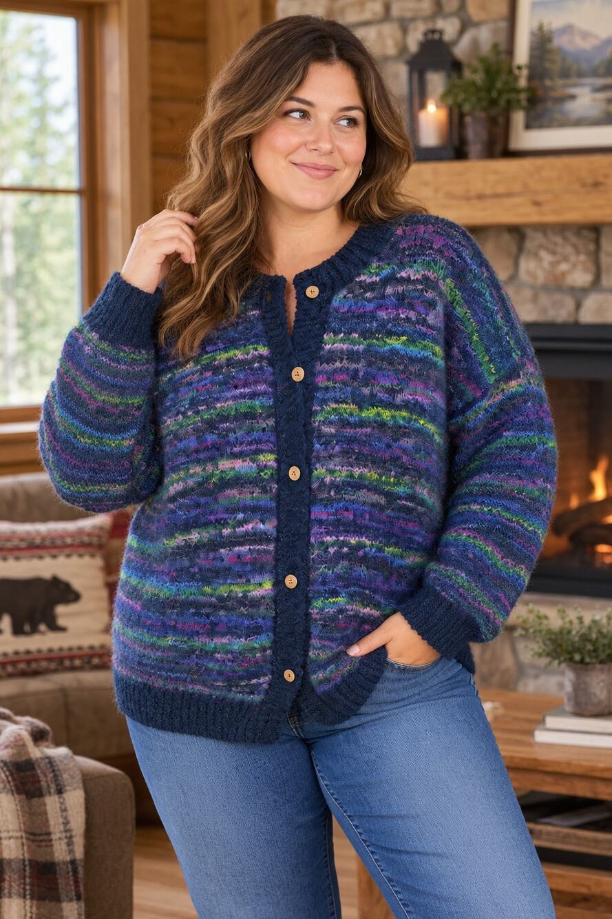 Purple Moon 100% Wool Multicolor Striped Chunky Knit Cardigan Navy Button Front